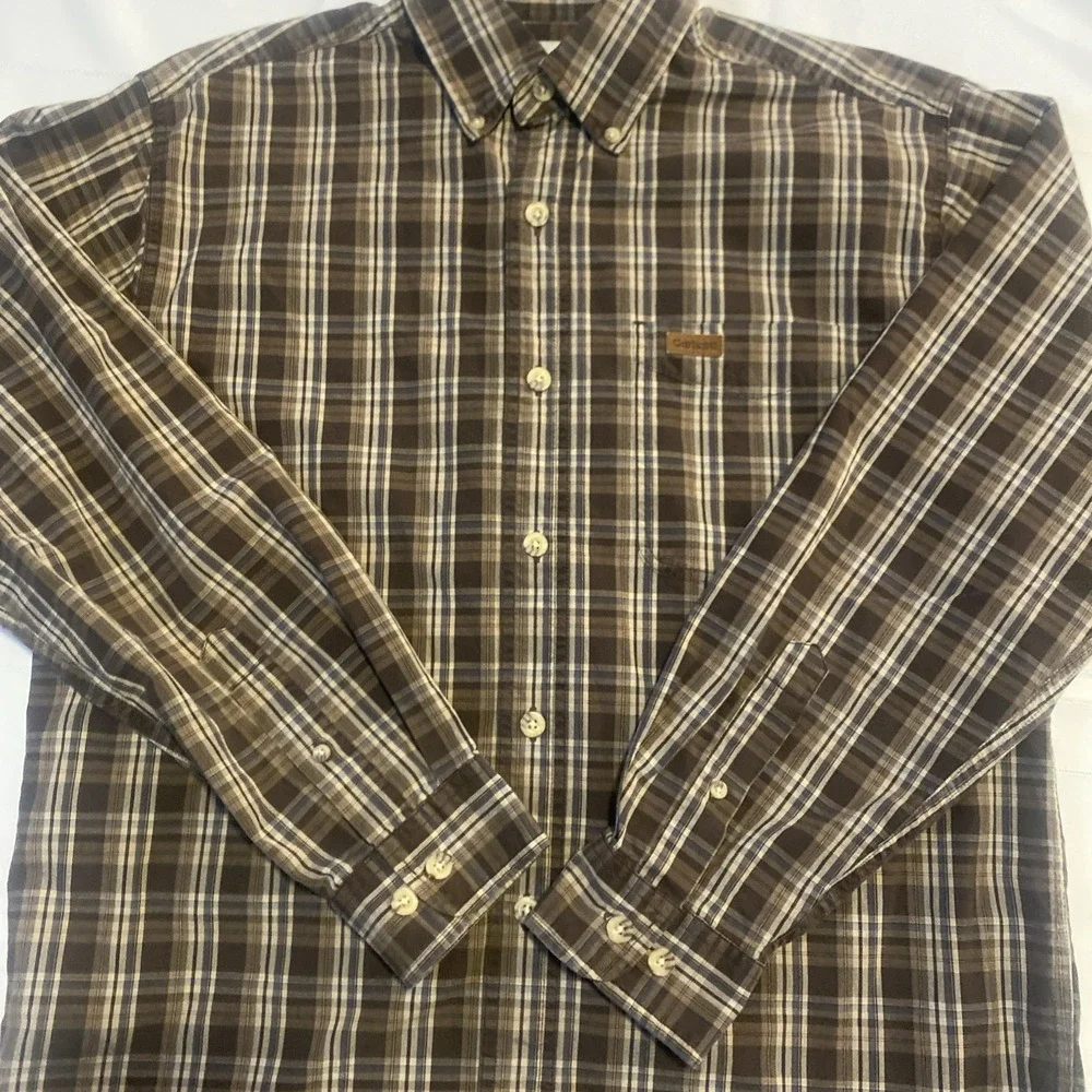 Carhartt Button Down Size Small Long Sleeve Shirt Brown Plaid - Picture 2 of 6